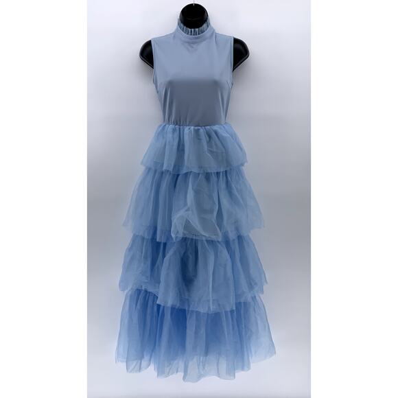 UNBRANDED Women's Light Blue Tulle Tiered Mock-Neck Sleeveless Maxi Dress SZ M - Picture 1 of 10